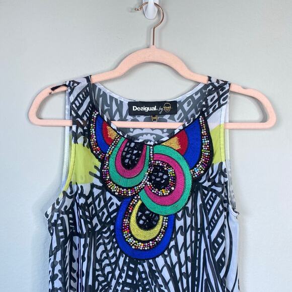 DESIGUAL Natalia Colorful Tunic Dress Size 38 US 6 Beaded Rainbow Art to Wear - Picture 3 of 6